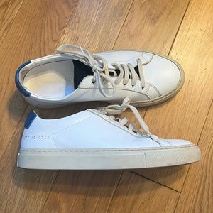 White Common Project sneakers with Blue back and Navy suede tongue, size 6.